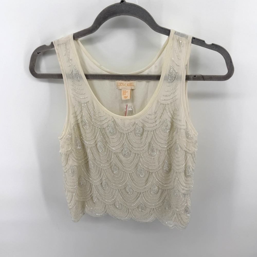 Lucy & Laurel Tank‎ Top Beaded Scalloped XS Cream Womens Art Deco Gatsby Flapper